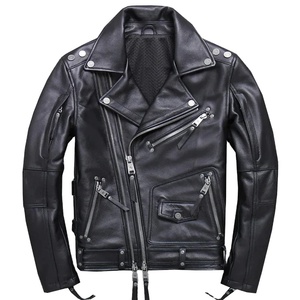 Men's Genuine Leather Vintage Motorcycle Jacket Natural Cowskin Coat with Stand Collar Zipper Closure for Spring Autumn Winter