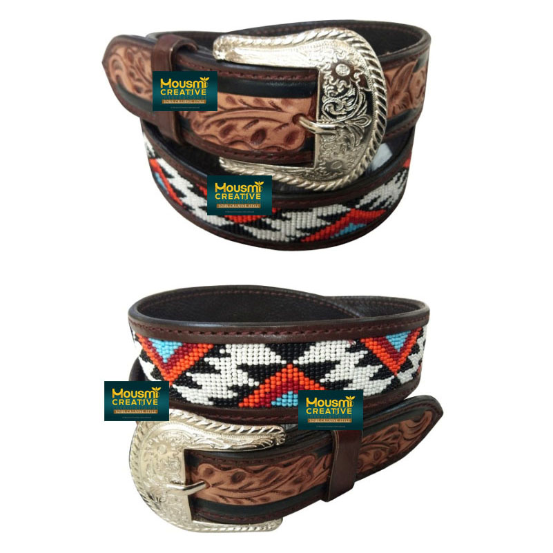 OEM Custom Genuine Argentina Cowhide Leather Belts Hand Tooled Beads Decorated With Multiple Custom Beaded Designs Available