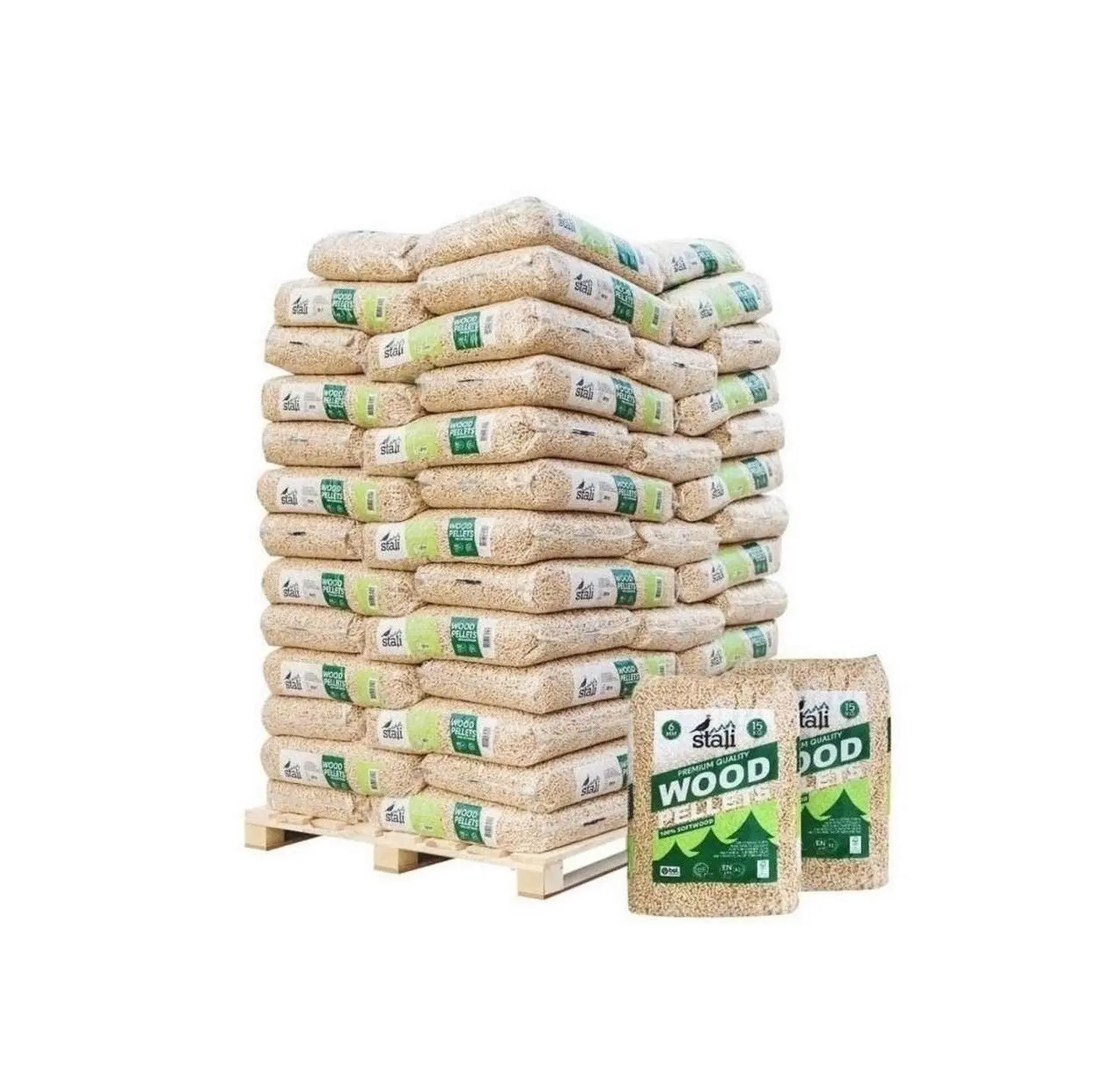 Wood Pellet,DIN Plus,EN Plus-A1(6-8mm)Pine,Beech,Spruce,Fir,Acacia & Oak in 15kg bag BSL premium quality Biomass Heating fuel