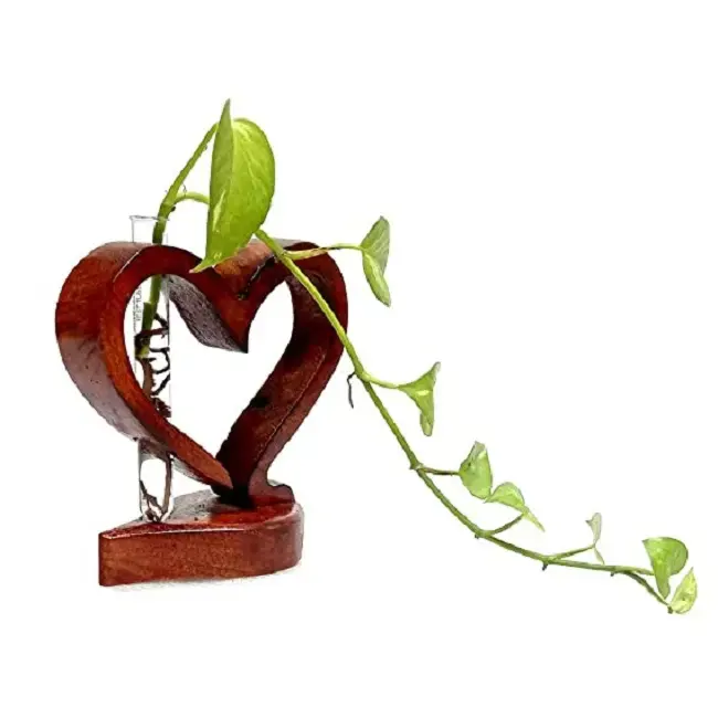 Wooden Vase With Glass Tube High Quality Modern Look Natural Finishing Heart Shape Wooden Glass Vase Elegant For Tabletop Use