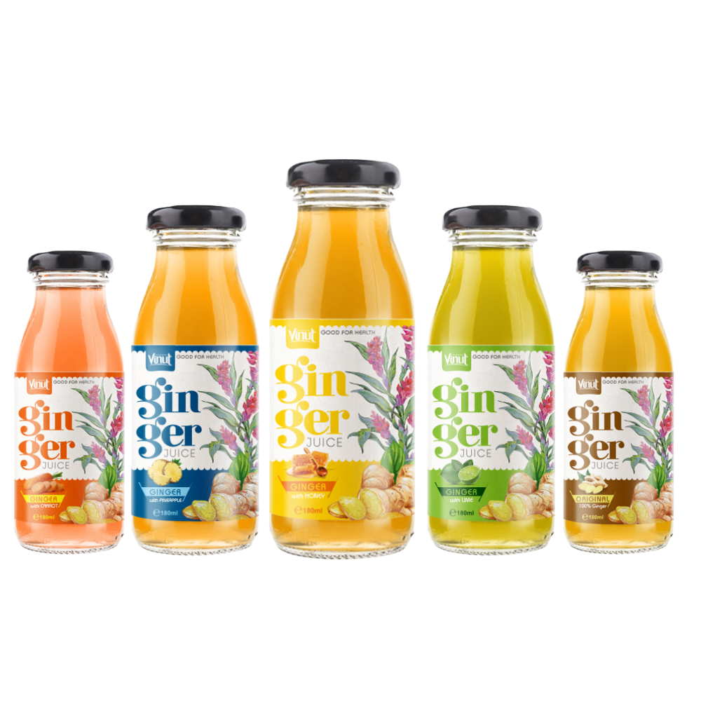 Private Label Bulk Ginger Fruit Juice in Low Fat 180ml Glass Bottles with Honey and Water