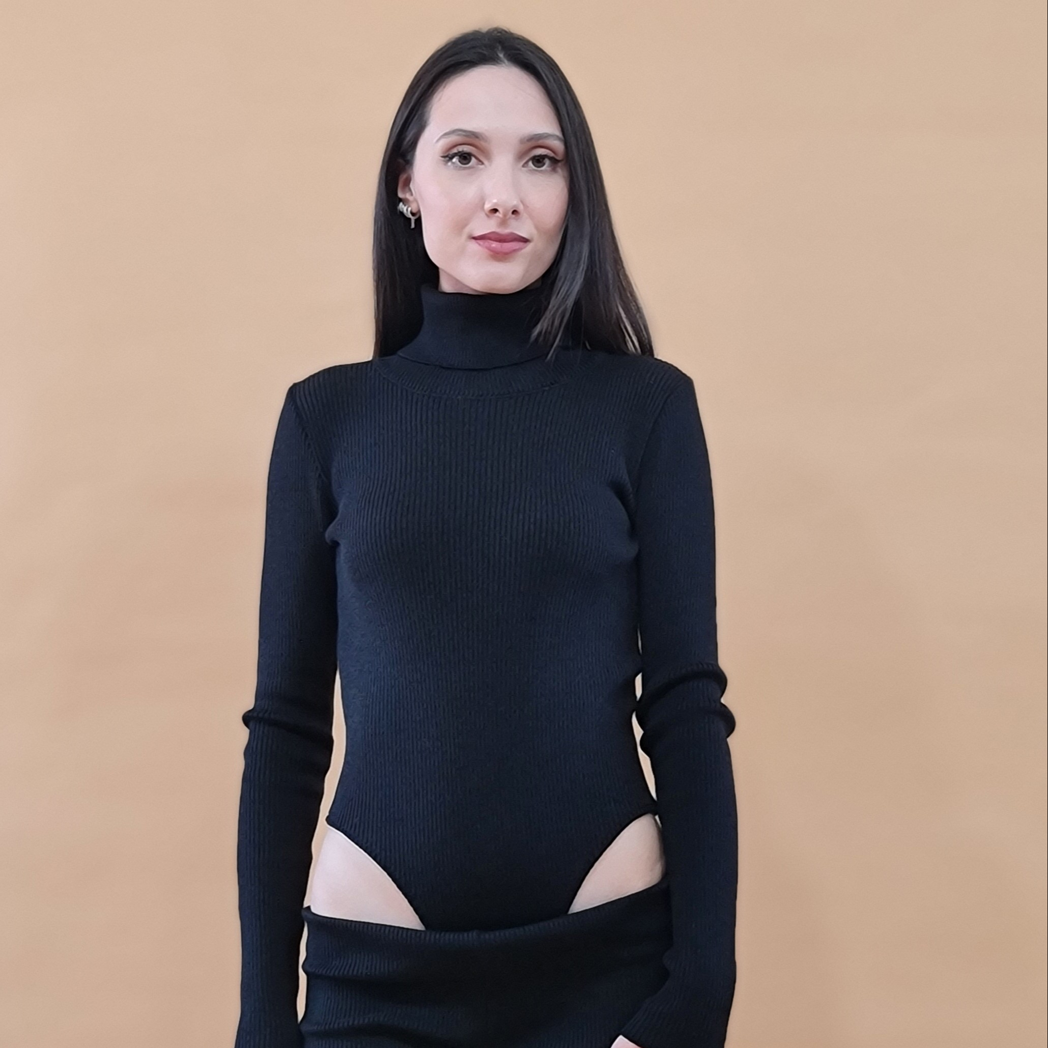 fitted ribbed bodysuit with turtleneck tripped 100% merinos wool handcrafted product Made in Italy black casual style