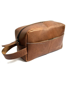 Genuine Leather Men's Toilet Bag Zipper Closure Grooming Kit with Cosmetics for Men