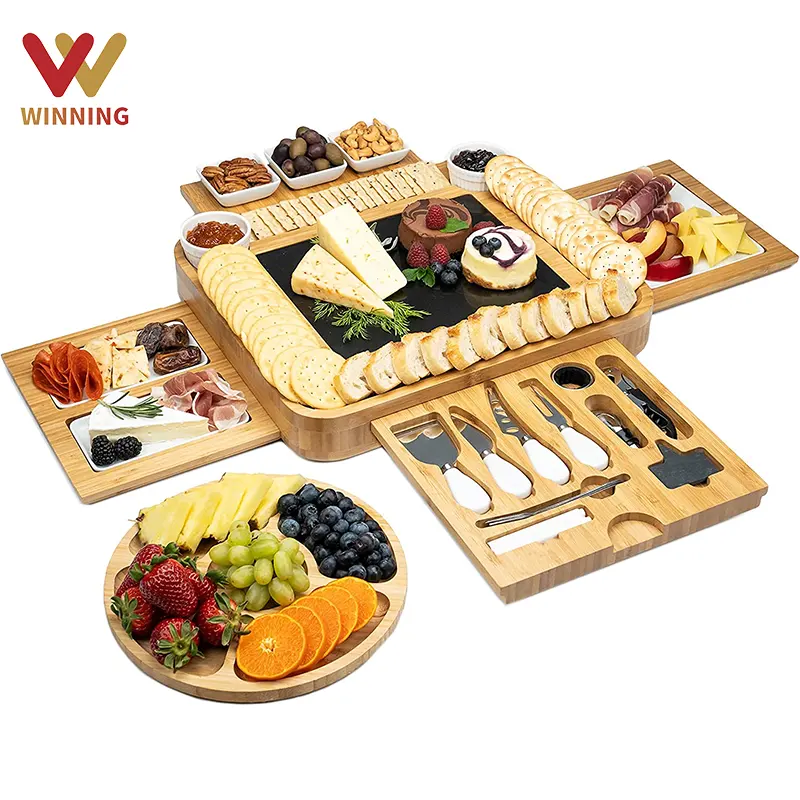 Winning Bamboo Wooden Charcuterie Cheese Board Knife Set Platter With Slide-Out Drawers
