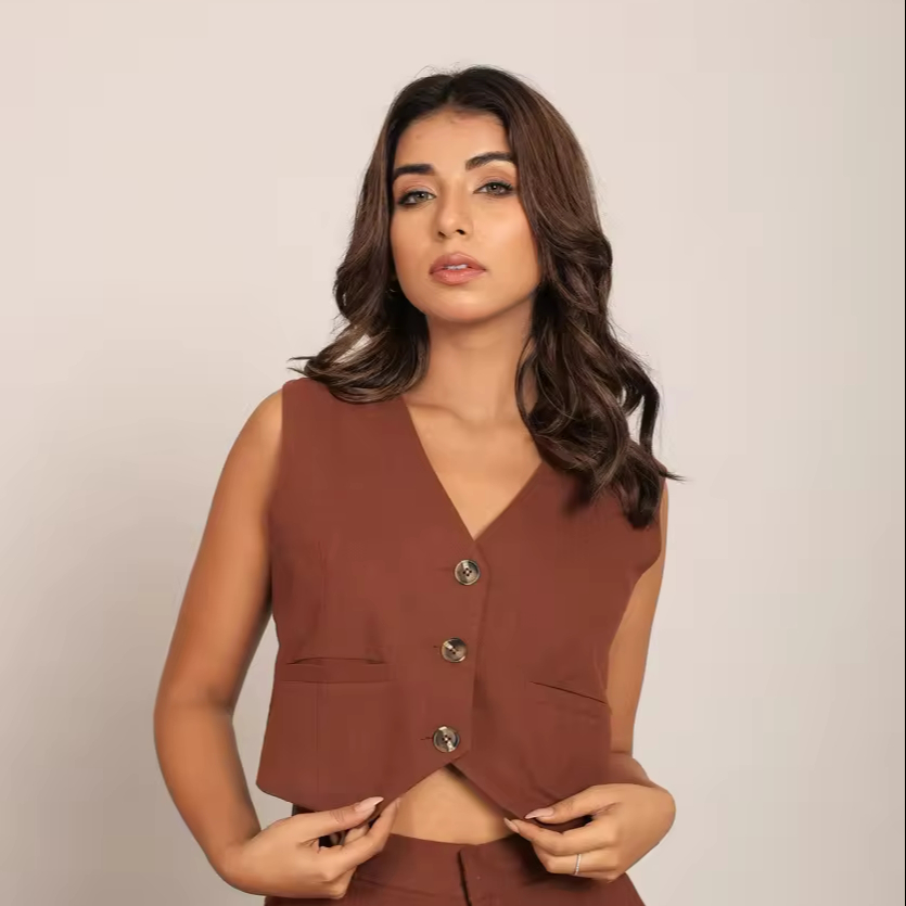 2024 New Casual Brown Solid Relaxed Western Top With Two Pockets Solid Sleeveless Front Button Down Loose Casual Tops Women
