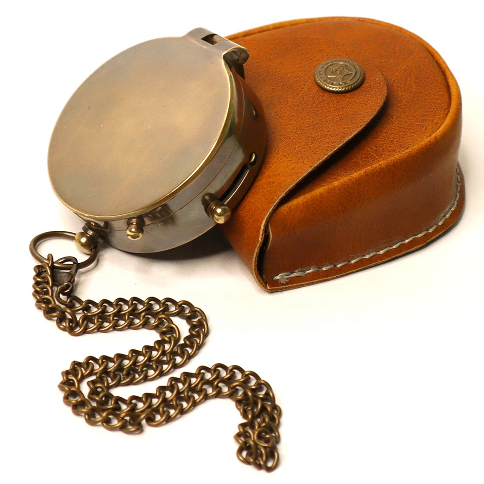 Brass Magnetic Pocket Compass Hiking Direction Marine Compass With Luxury Pouch Personalized Engraved Compass For Christmas Gift