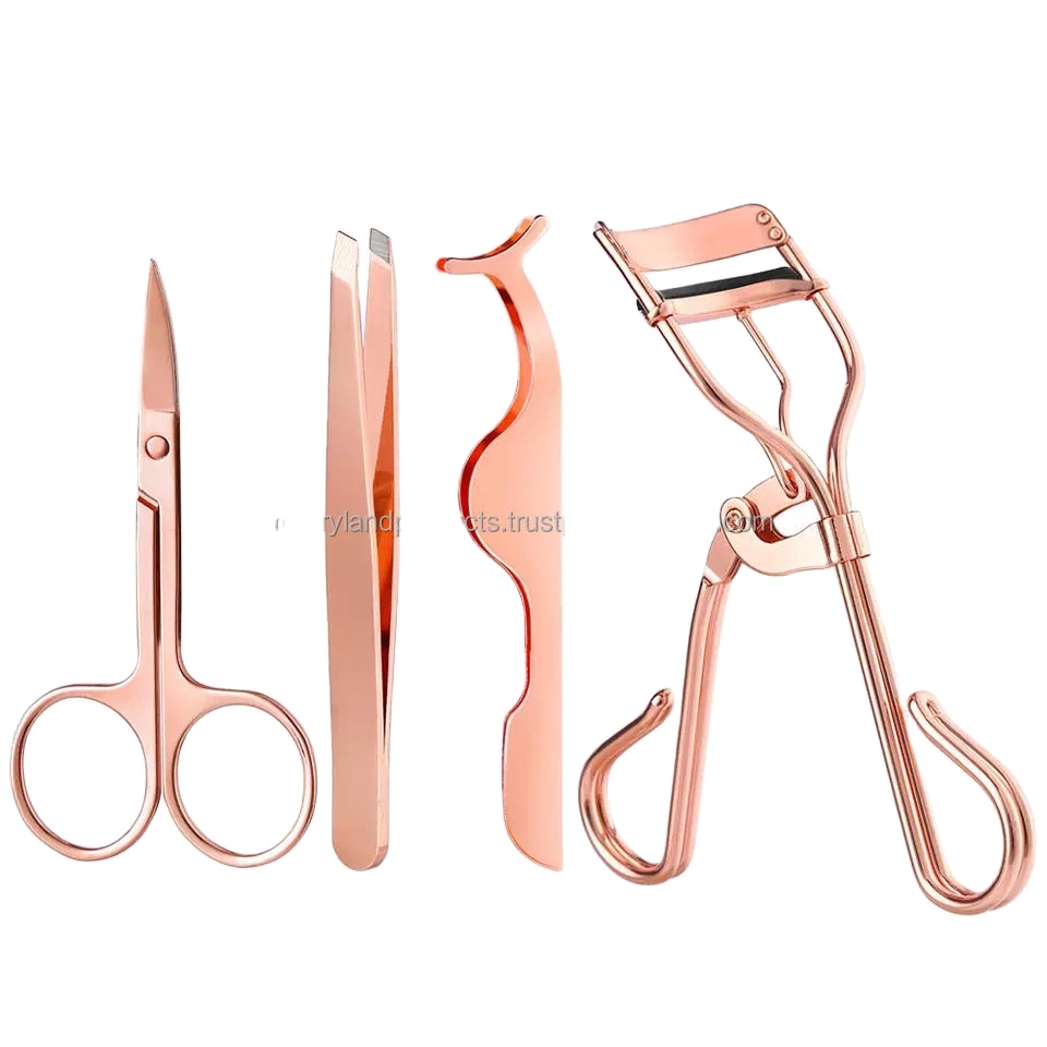 Professional 4 Pcs Stainless-Steel Eyelash Curler Set False Lash Applicator Eyebrow Tweezers Scissors