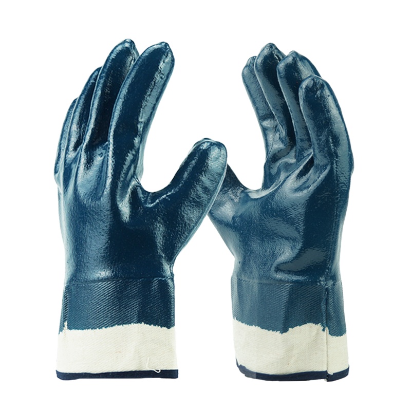 Nitrile Fully Coated Blue Glove with Safety Canvas Cuff Jersey Liner and Smooth Surface