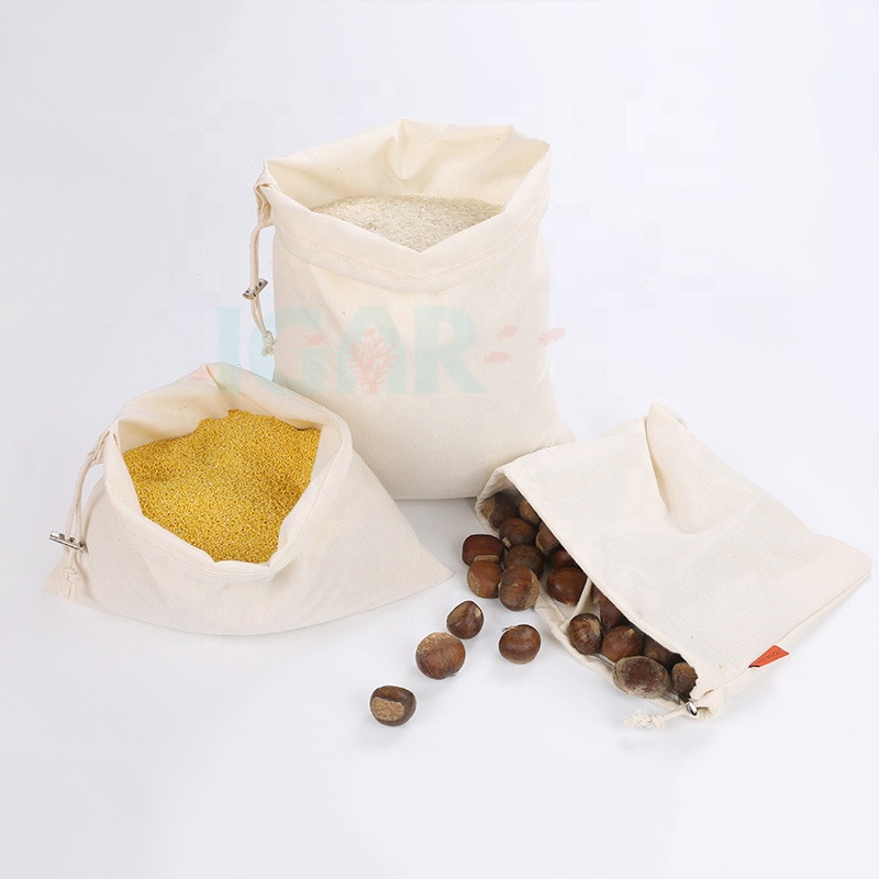 Durable Muslin Carry Bag for Grocery Shopping and Fruit and Veggie Storage with single drawstring and metal spring buckle20X28CM