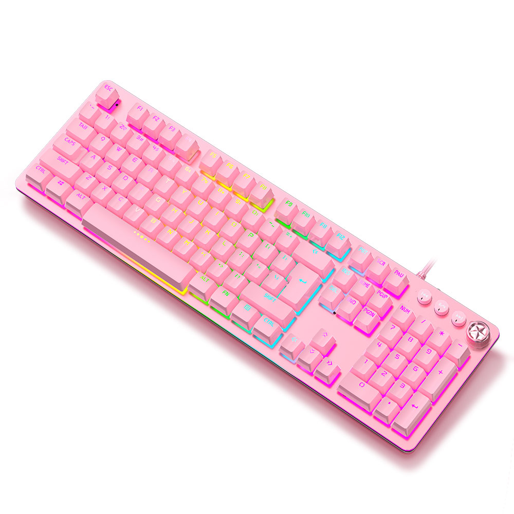 Механическая игровая клавиатура, механическая клавиатура с RGB-подсветкой и мультимедийными клавишами, для любителей компьютерных игр (розовый)