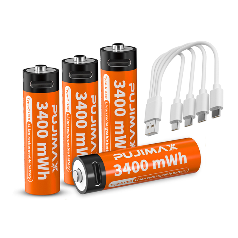 PUJIMAX 1.5v type c rechargeable batteries 1pcs lithium aa battery 3400mwh usb c aa lithium ion battery 1.5v charger with cable
