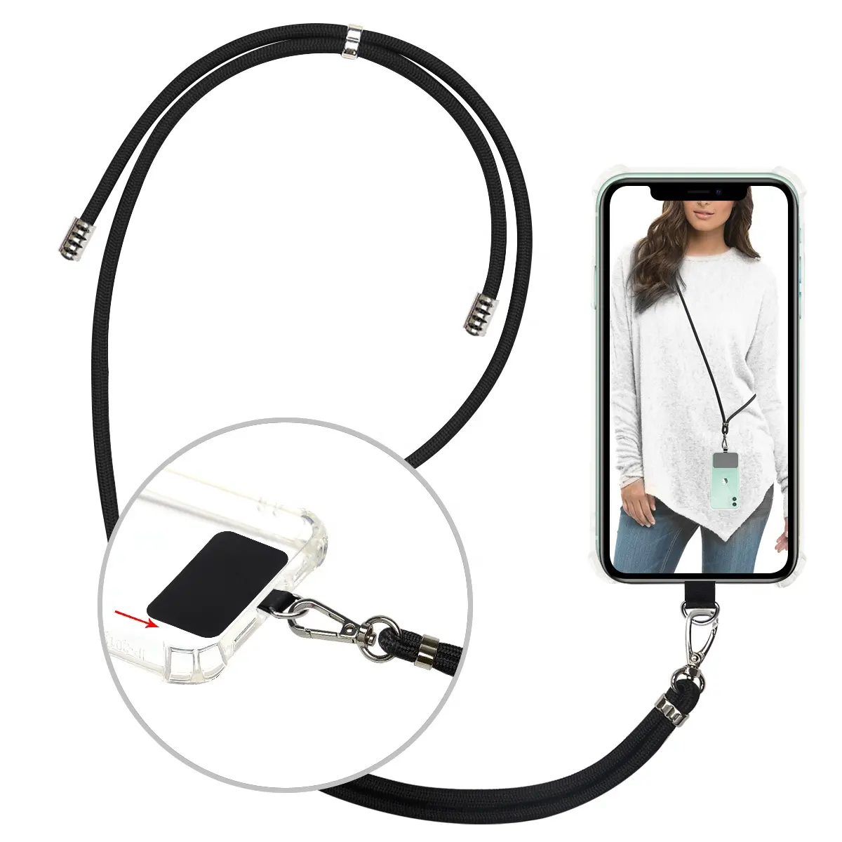 Phone Strap Black Nylon Lanyard Neck Shoulder Strap Phone Case With Fabric Pad For Apple Iphone 6-12 6.1 Inch