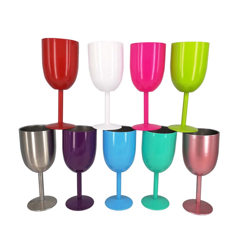 Custom LOGO 304 stainless steel high stems water cup 10OZ Double wall Wine glasses with stems and lid