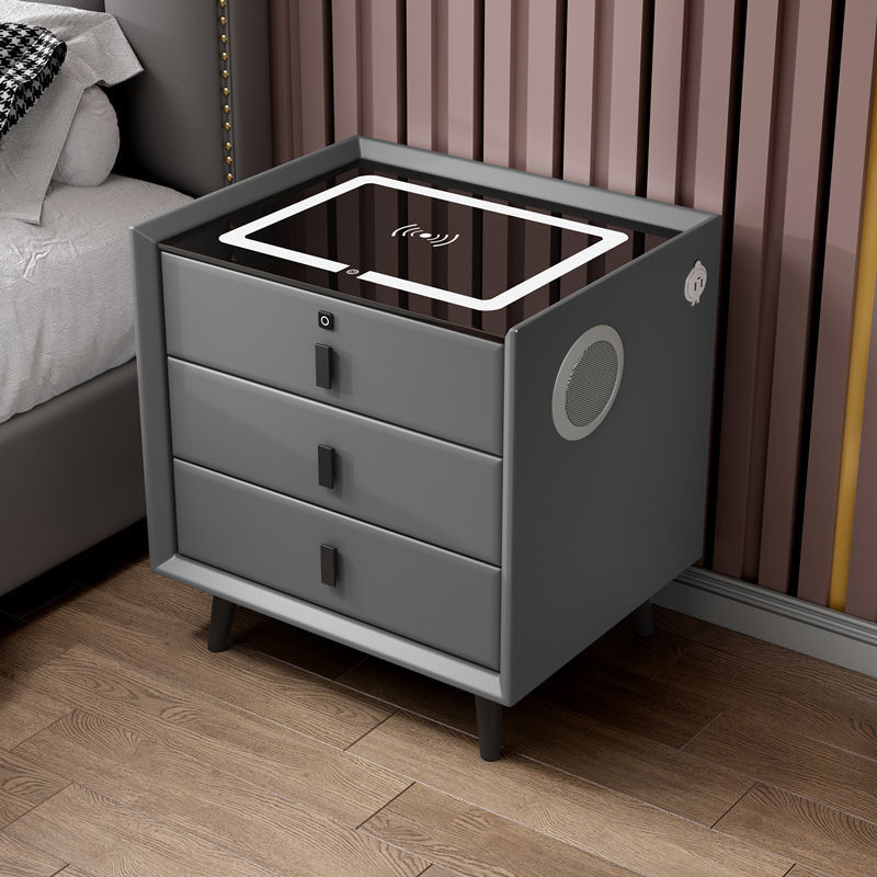 Modern Design Three Drawers LED Wooden Nightstand Home Furniture Bedroom Wood USB Wireless Charging Luxury Smart Bedside Table