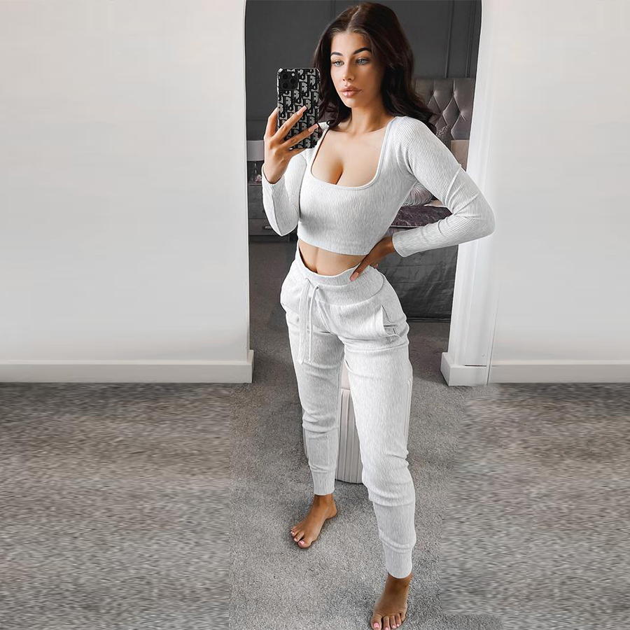 high quality custom ribbed square collar outfits two piece gym set tracksuits for women