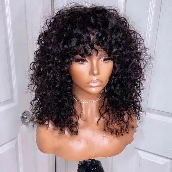 Glueless Brazilian Short Bob Wig With Bangs, Bang Curly Wig, Cheap Curly Human Hair Bang Wig No Lace Human Hair Wigs