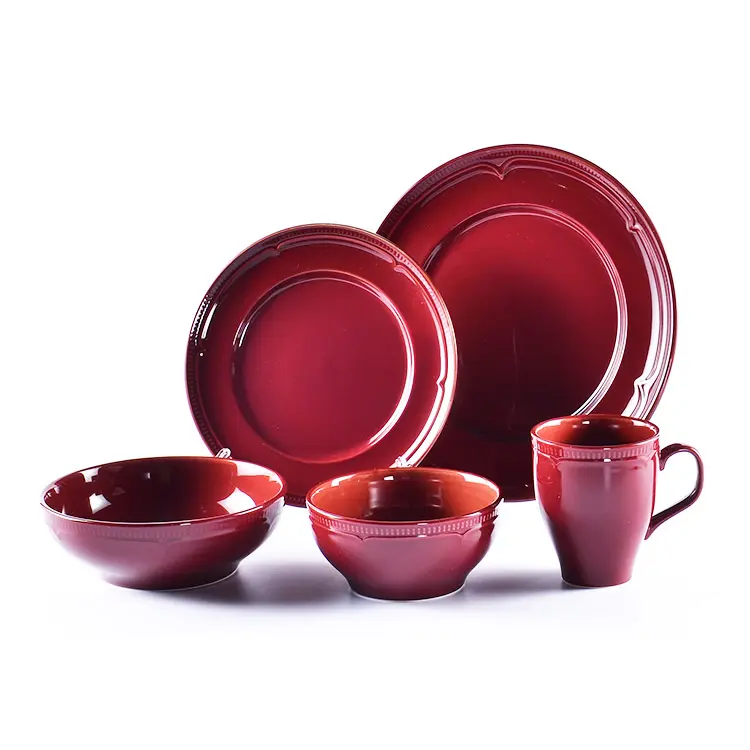 Глазурованная посуда в европейском ретро-стиле красного цвета, керамическая тарелка для столовой посуды, набор фарфоровой посуды