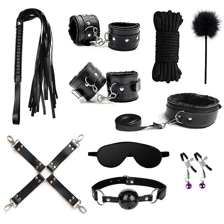 Hot 10Pcs/set Sex Toys For Woman PU Leather SM Sex Bondage Set Hand Cuffs Footcuff Whip Rope Blindfold Erotic Sex Toy For Couple