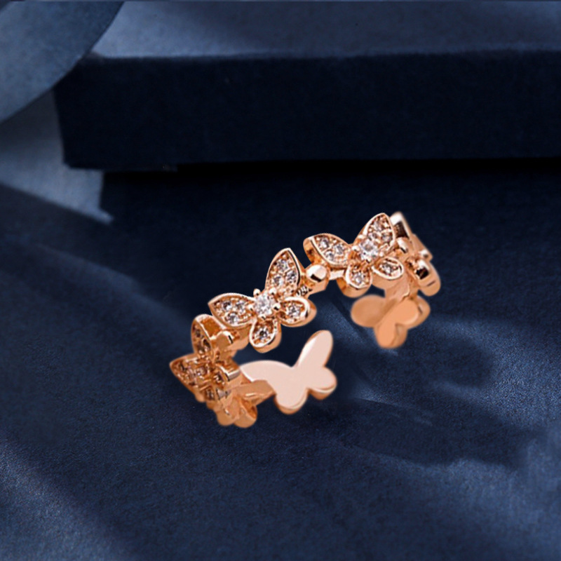 Hotsale Design Rose Gold Silver Cubic Zirconia Butterfly Ring Adjustable Crystal Butterfly Ring For Women Girls