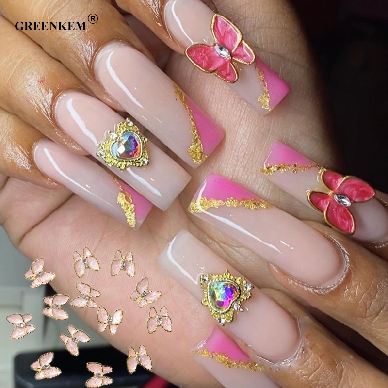 GREENKEM Nail Decor Crystal Butterfly Charms Gold Plated Zircon Nail Art Charms Gold 3D Butterfly Nail Diamond Rhinestones