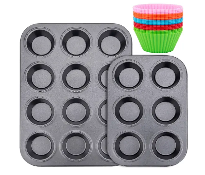 set of 2 12 cup 6 Cup Metallic Non Stick Muffin Brownies Baking Mold with Silicone Cake cup Cupcake Carbon Steel Baking Pan