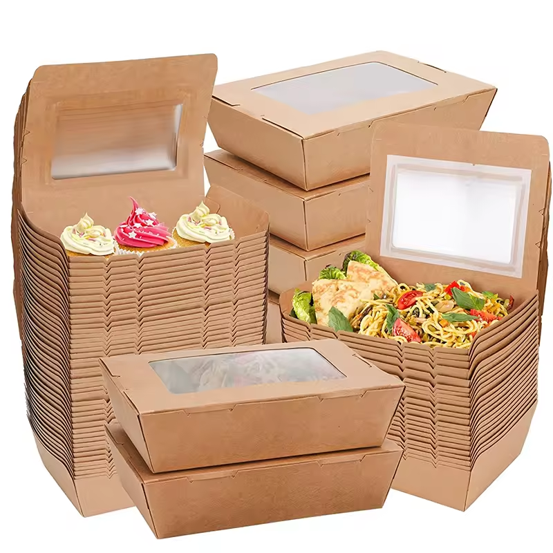 Factory disposable kraft paper lunch food salad lunch box with window takeaway paper box with film for fast food salad
