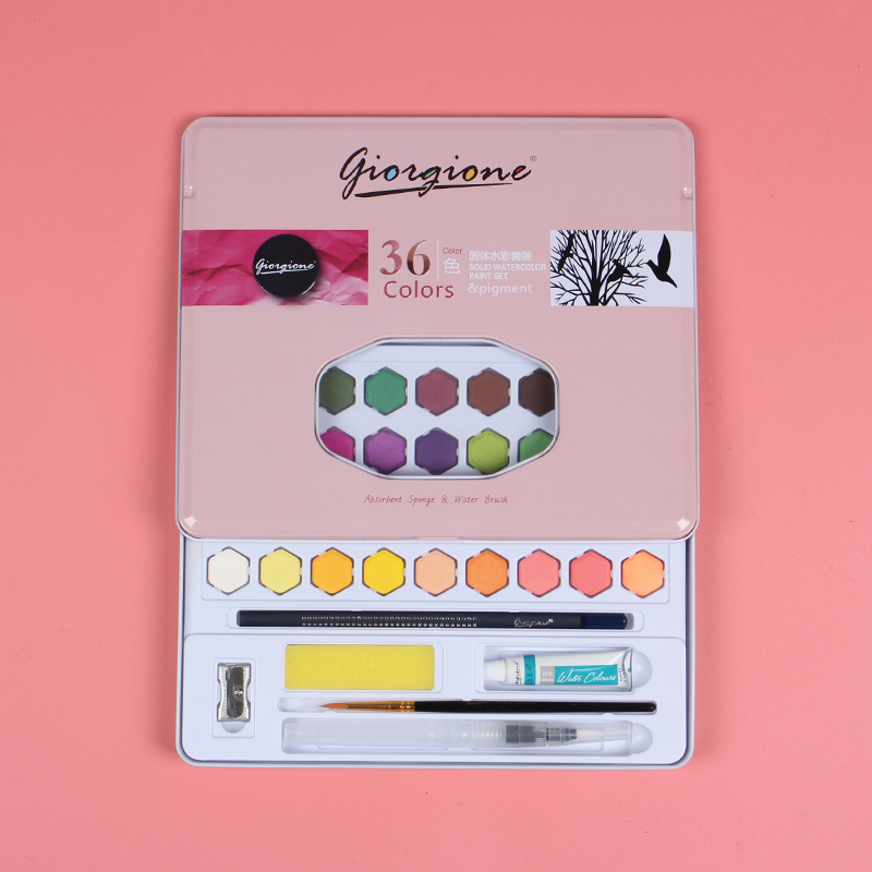 High Quality Giorgione Hexagon Solid 36 Colors Watercolor Painting Free Carrying Case Tin Box