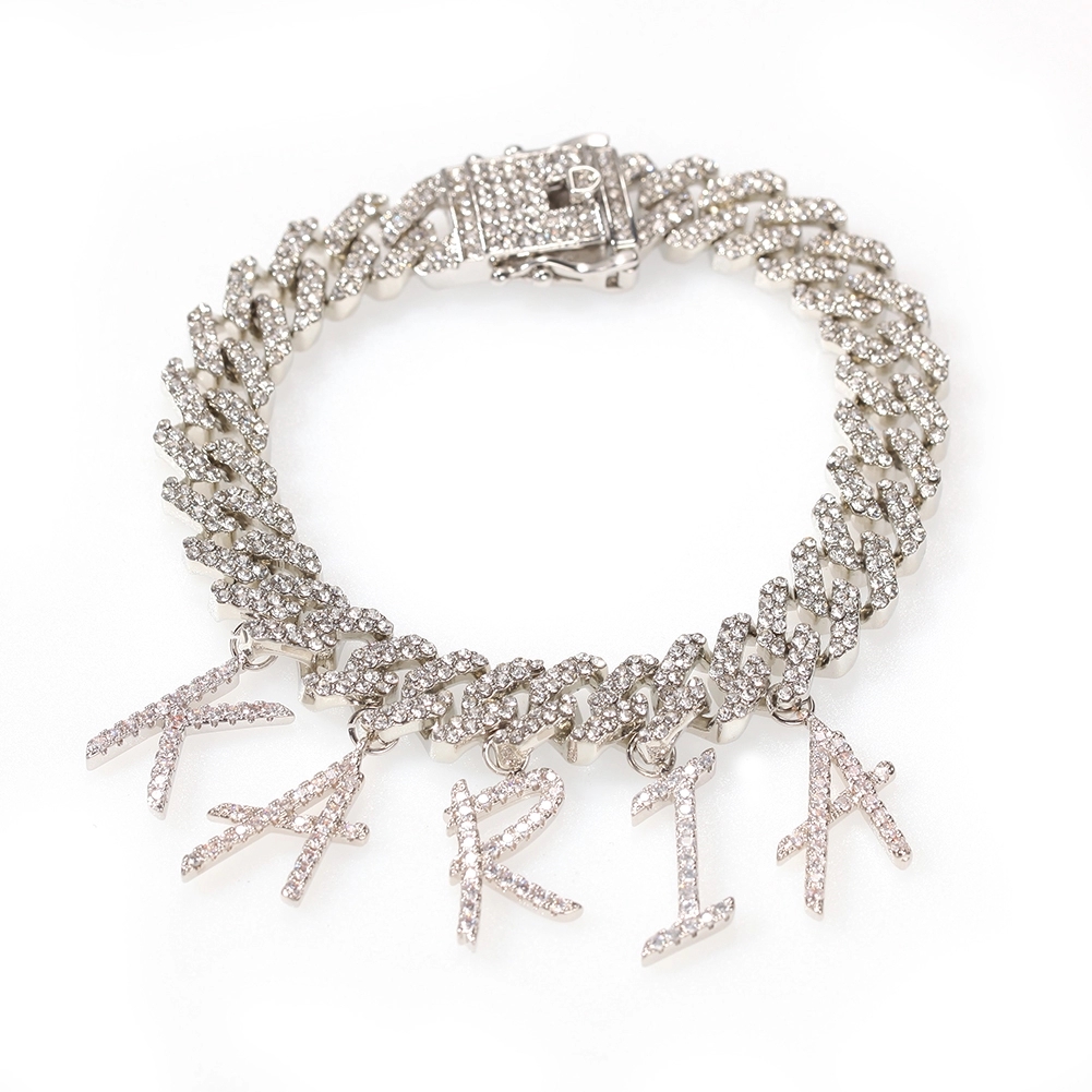 Personalized cuban link chain silver 18k real gold plated Icy Miami Cursive Baguette Custom Letter jewelry Necklace/Bracelet