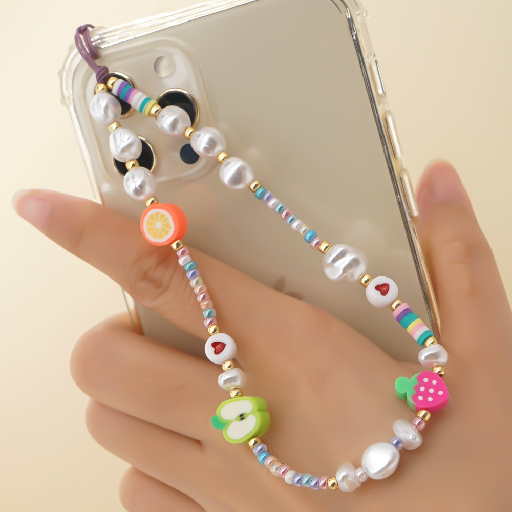 2021 New Pink Heart Beads Acrylic Cute Fruit Beaded Pearl Mobile Phone Chain Charm Strap Case Rope Holder Accessories Key