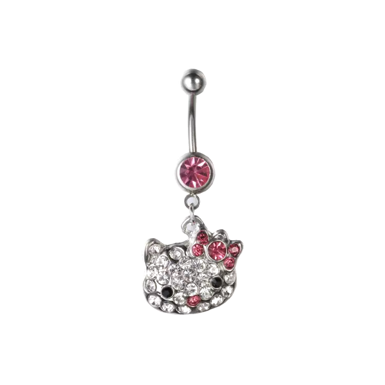 Top Sale Cute Cartoon Kitty Navel Rings Pink Diamond Dangling Silver Belly Button Ring Piercing Jewelry
