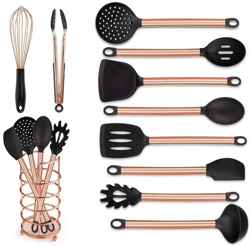 Cheap Price Bulk Sale 11pcs Silicone Kitchen Utensil Set Rose Gold Stainless Steel Handle Kitchen Nonstick Tools