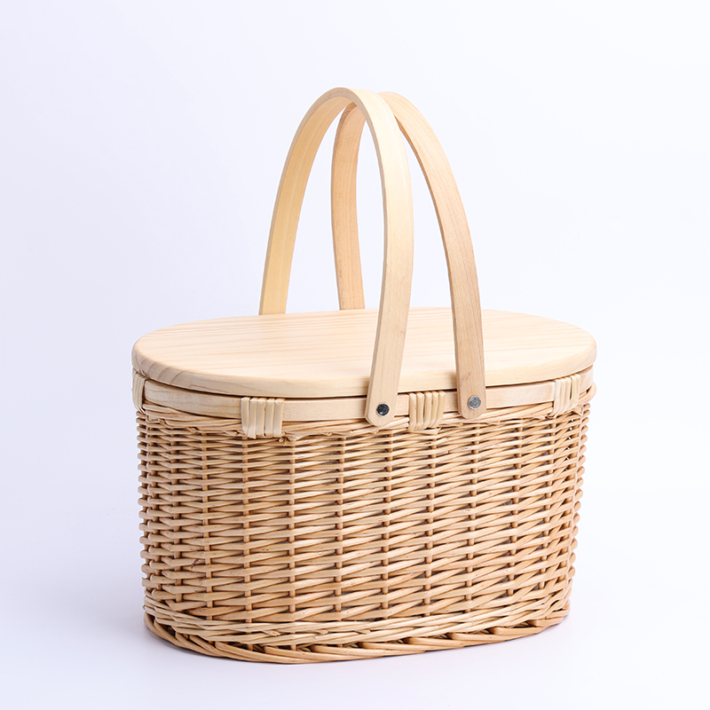 oval rattan wine willow mini holiday 4 person handle wood top wicker picnic basket set storage insulated cooler with wooden lid