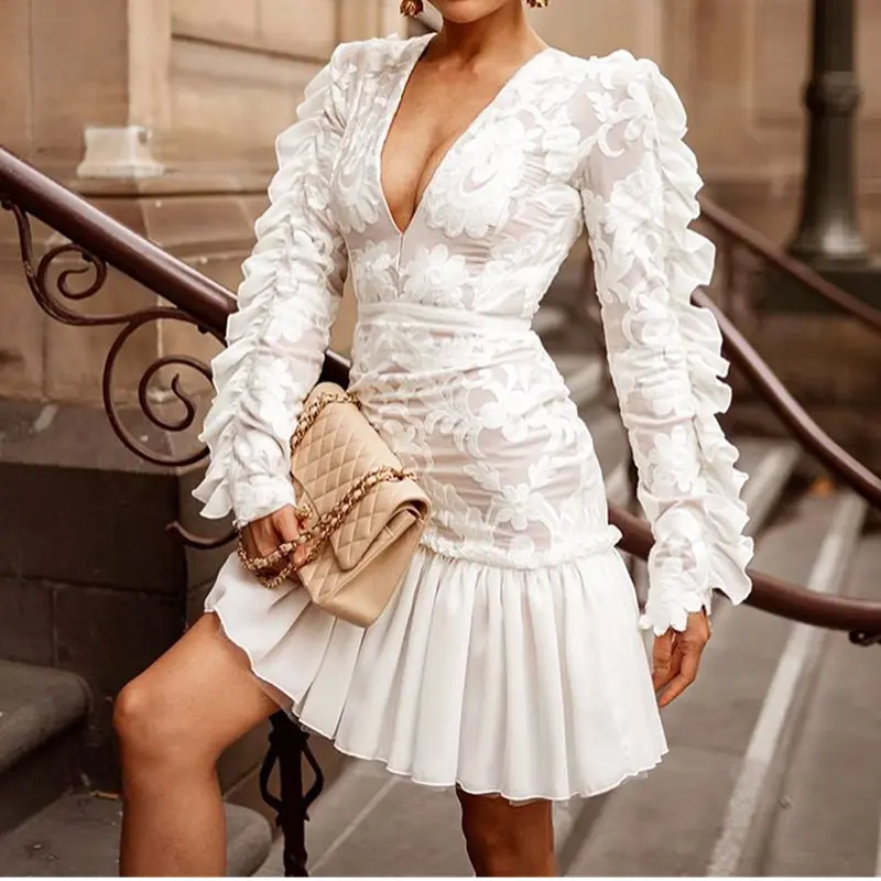 Sexy Bodycon V-neck Lace Ruffle Short White Pleated Women Club Dresses