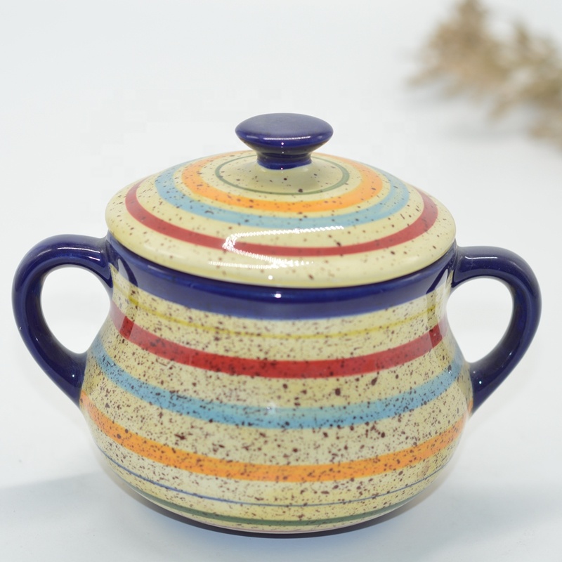 DSX Ceramic Handmade Ceramic double handle sugar Pot jar rainbow painting for Kitchen