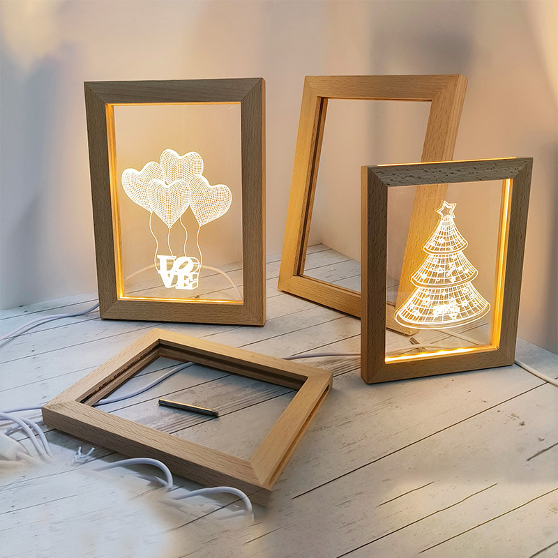 DIY шаблоны деревянные светодиодные фоторамки 3D ночник Рождество пользовательский дизайн дома свадьба Дерево картина акриловая фоторамка