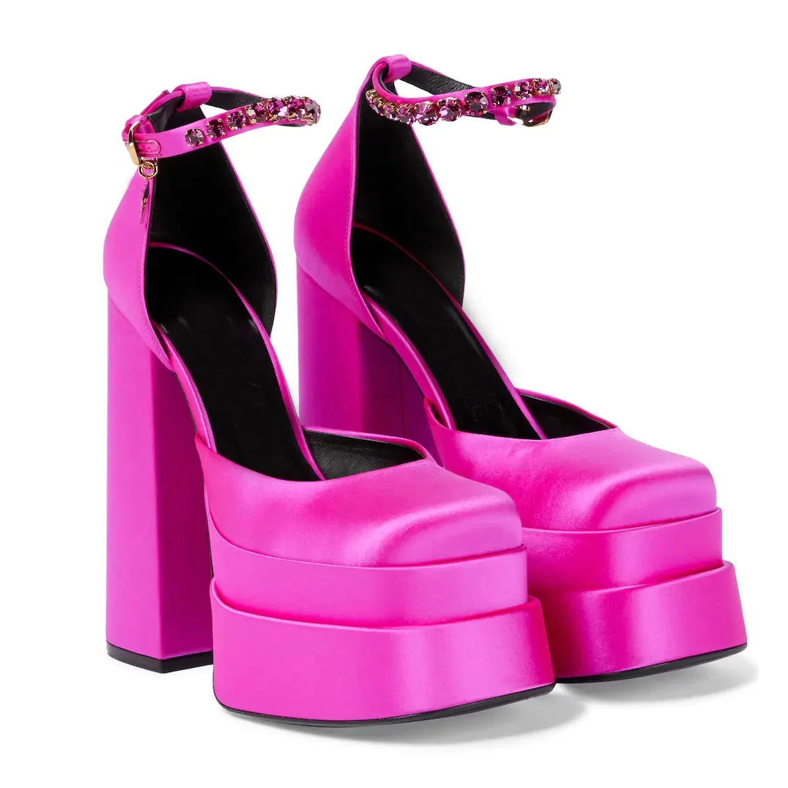 Luxury Design Square Toe Chunky Heel Diamond Ankle Strap Hot Pink Satin Women Platform Pumps