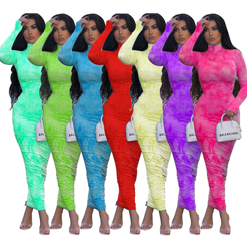 SAK9598 новый бутик tie-dye цифровая печать Высокий воротник Плиссированное длинное платье bodycon осенняя одежда для женщин