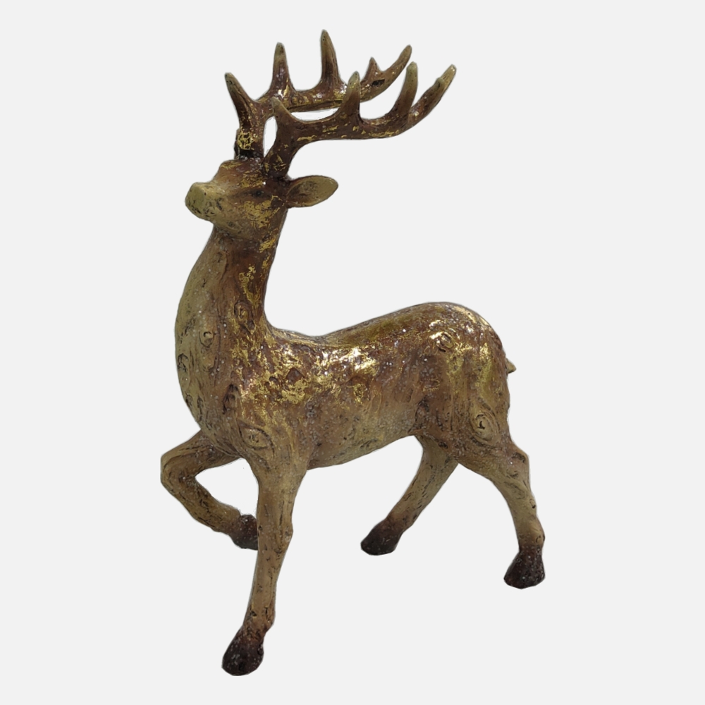 Resin Walking Gold Foiled Wood Effect Reindeer Statue with Gold Antler Polyresin Deer Sculpture Figurine Christmas Decoration