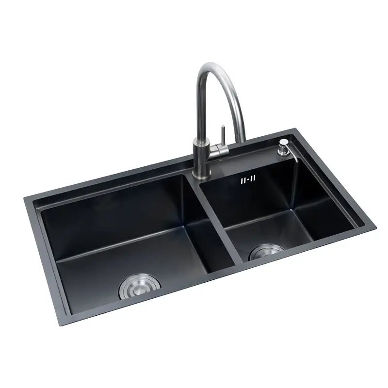 Latest Black Double Bowl Kitchen Sink Stainless Steel Luxury Nano Stepped Deep Under Mount Sink