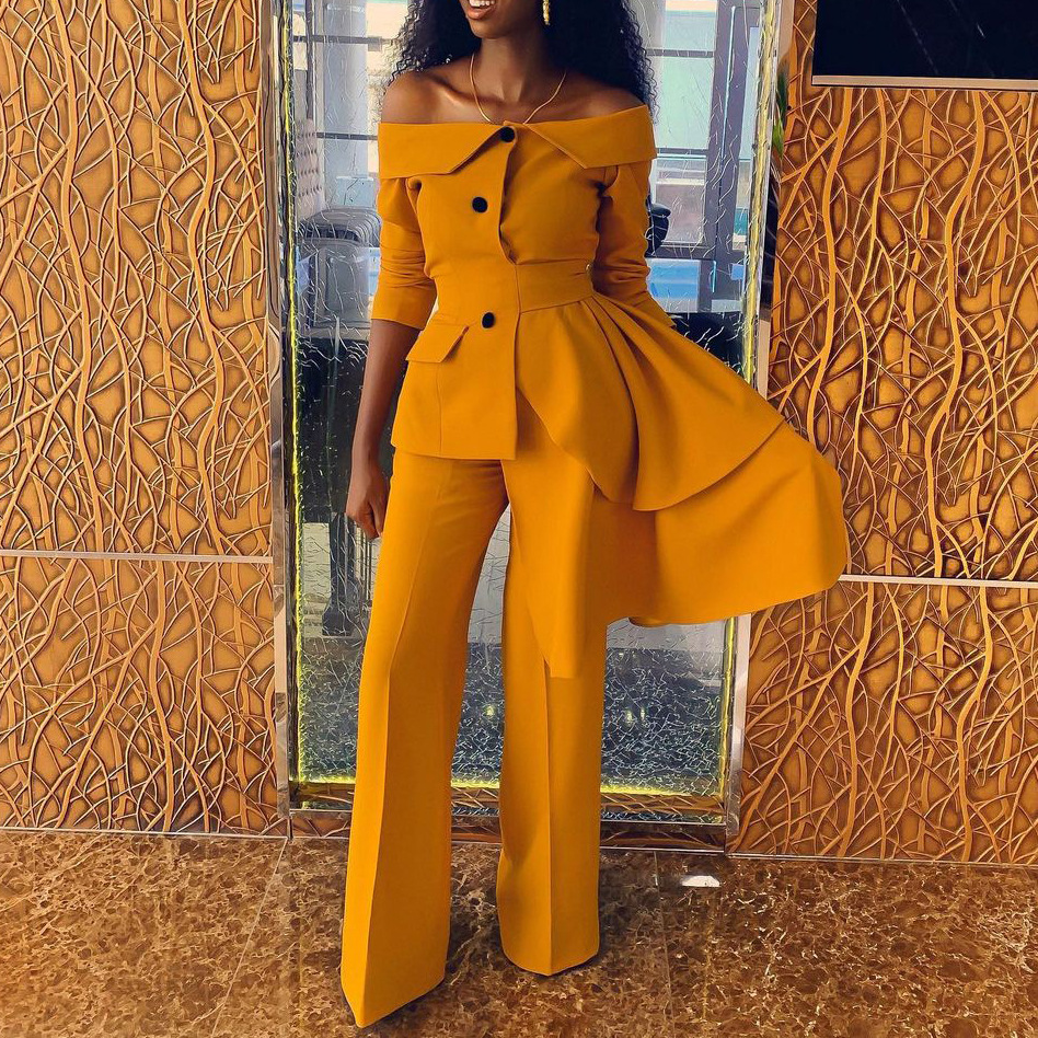 New fall irregular one shoulder two-piece women's business suits plus size african women fashion coat and pants