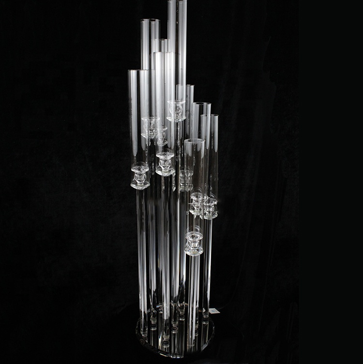 Hot Sell 9-head Straight Tube Crystal Candelabra Floor Stand Crystal Candelabra Table Centerpiece Glass Wedding Decorations