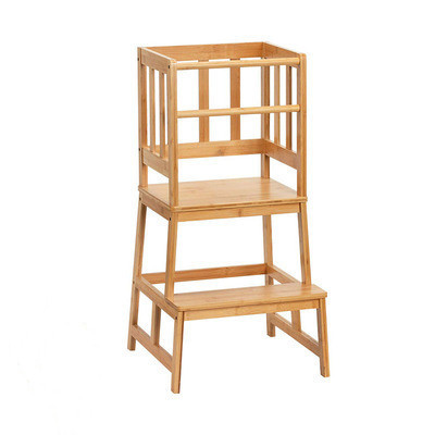 Bamboo Kids Kitchen Step Stool Helper with Removable Anti-Drop Railing Safety Rail Standing Learning Towers