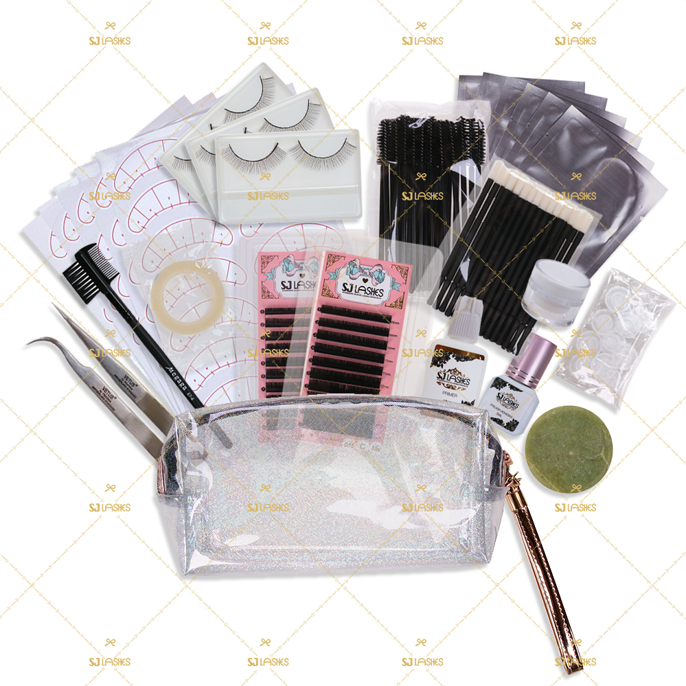 Starter Eyelash Extensions Kit Ready-Made Lash Set With Tools Brush Eye Pads Tweezers Glue Primer Suit With Logo For Training
