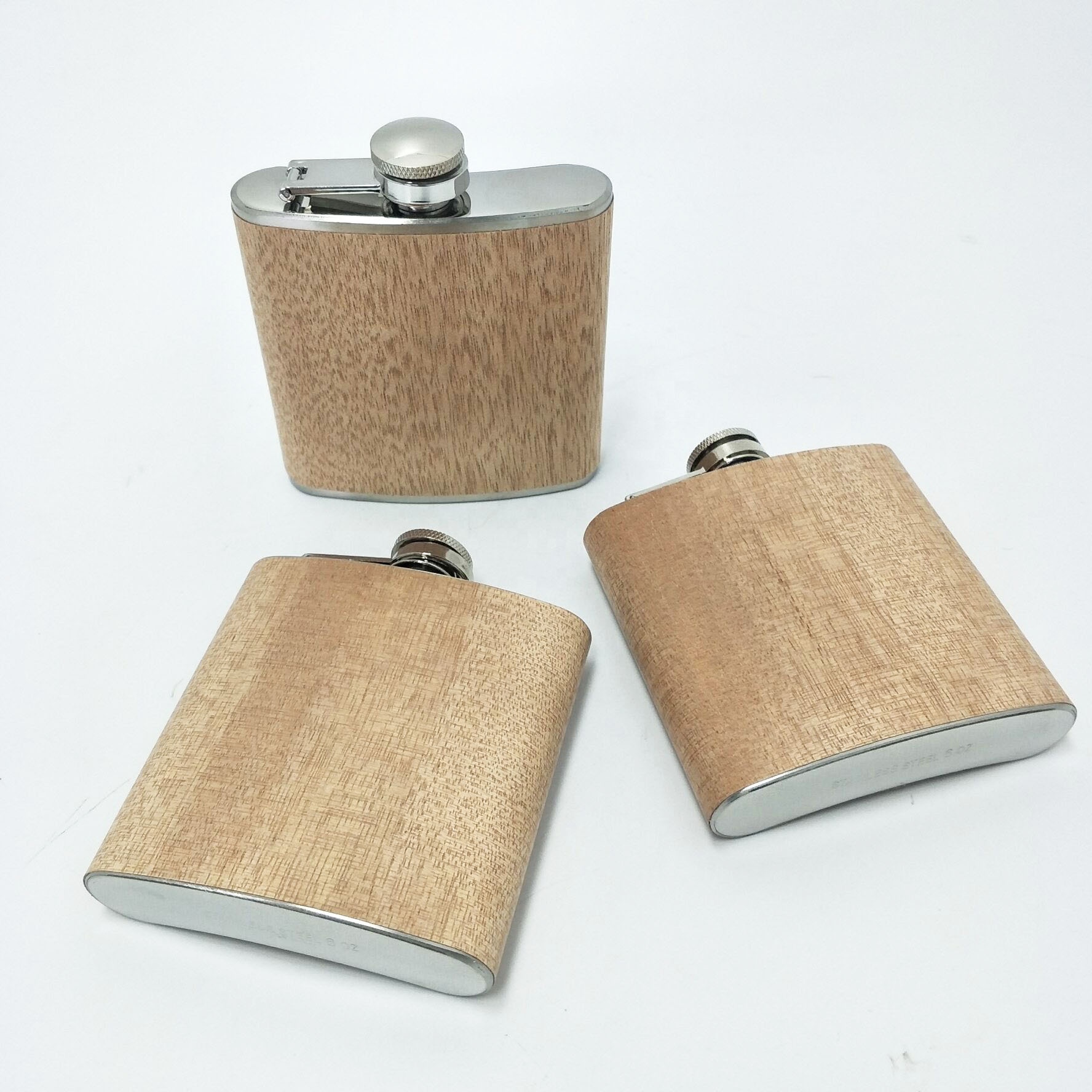 Custom 6oz Stainless Steel Real Wood Wrapped Whiskey Hip Flask