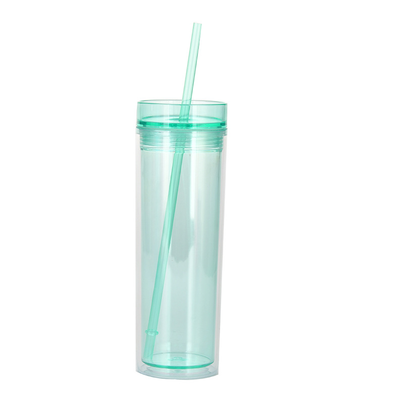 Reusable double walled plastic clear skinny tumbler cup with lid and straw