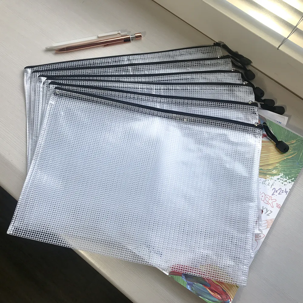 Waterproof Tear-Resistant Plastic Zipper Pen File Document Folders Pockets Travel Bags A7 Black
