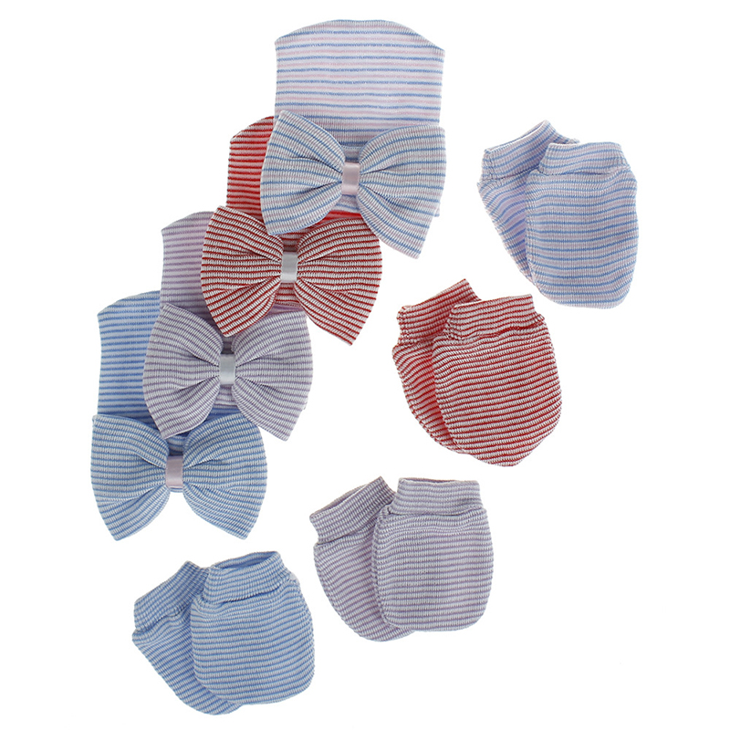 Hospital Infant Beanie Hats Baby Scratch Mitten Gloves Newborn Baby Caps Mittens Set with Bow