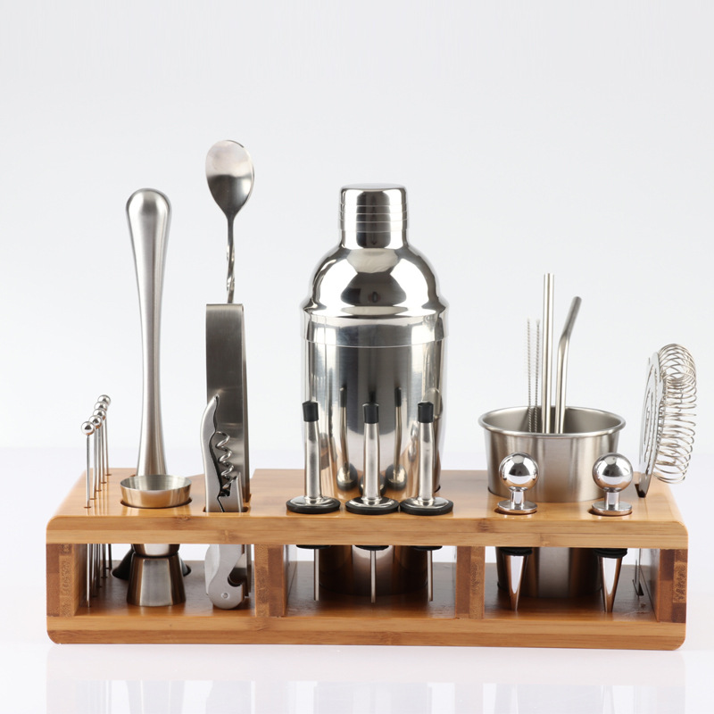 24-piece Cocktail Shaker Set, Kit for Drink Mixing Premium Home Bars Travel Bartendering Tool Bamboo Storage Container Everyday