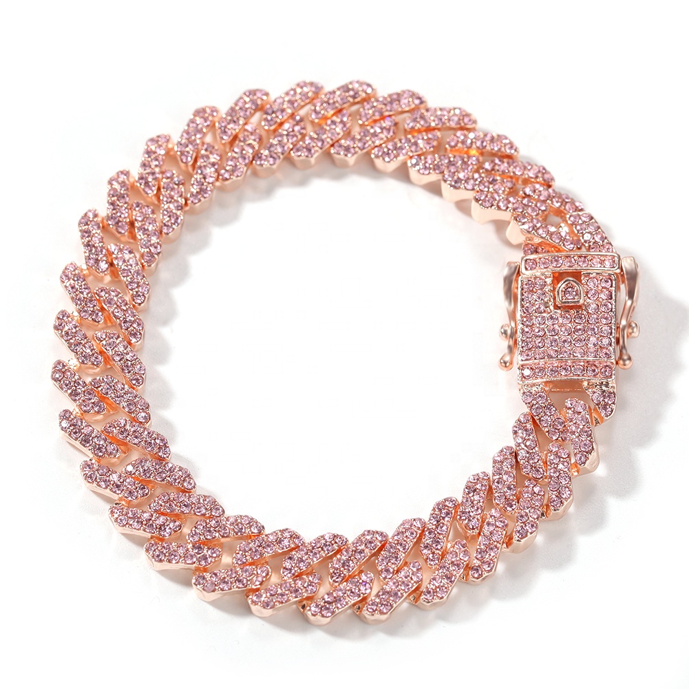 2021 Hot Selling Rose Gold Plated Pink Cuban Chain Rhinestone Necklace Jewelry Full Diamond Punk Charm Choker Jewelry