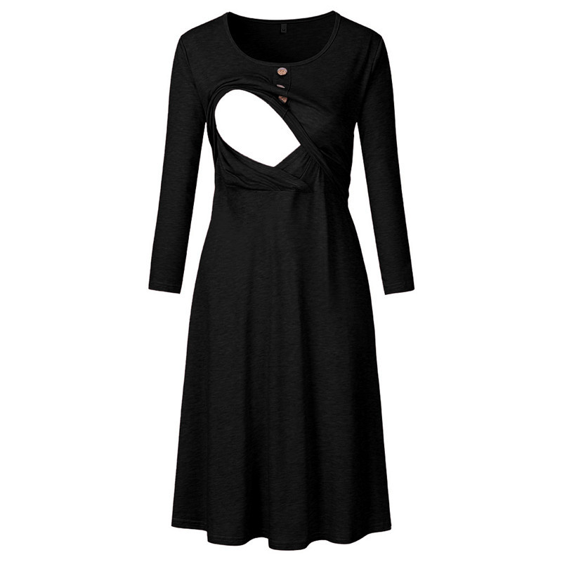 Suckling Pregnancy Clothing Europe Style Round Collar Long Sleeve Maternity Dress Simple Button Decorative Breastfeeding Cloth